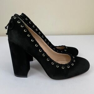 KARL‎ LAGERFELD Paris Suger Black Suede Lace Up Block Heel Pumps Shoes 8M